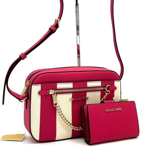 Michael Kors LG EW Crossbody Bag Cider & Bifold Zip Chain Wallet Electric Pink - Picture 1 of 13